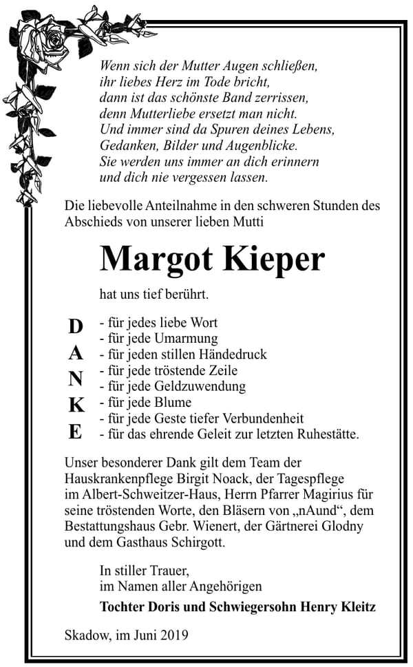 Traueranzeige Margot Kieper