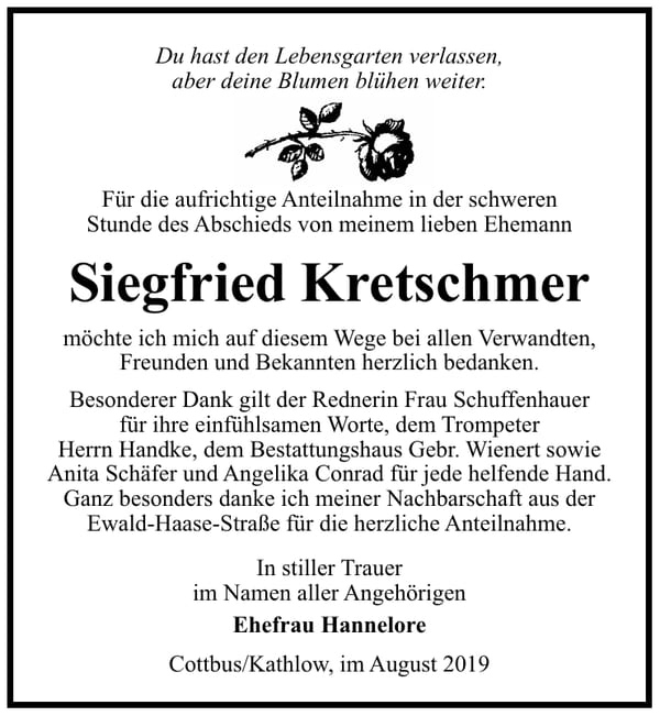 Traueranzeige Siegfried Kretschmer