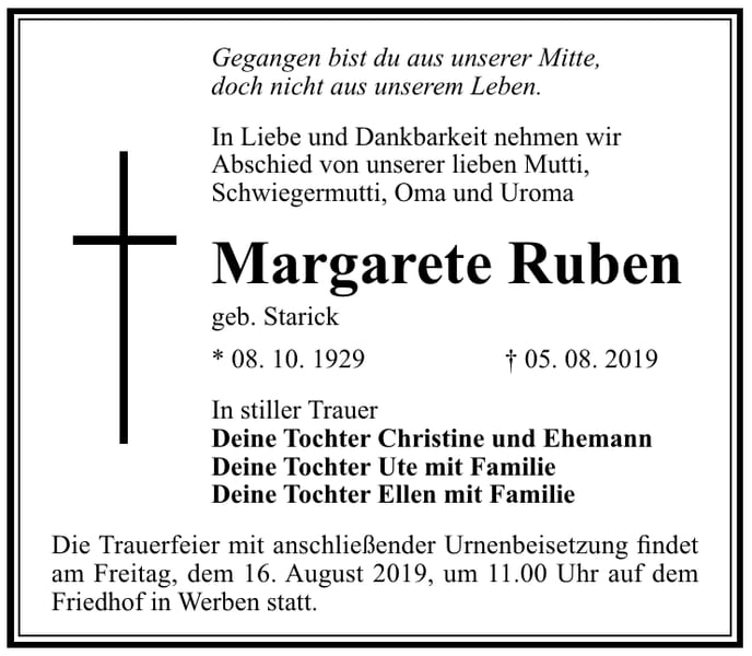 Traueranzeige Margarete Ruben, geb. Starick