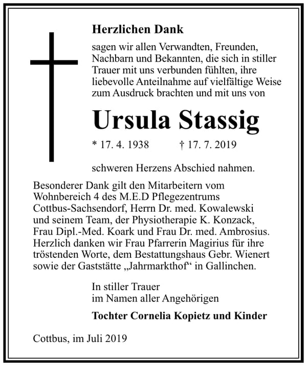 Traueranzeige Ursula Stassig