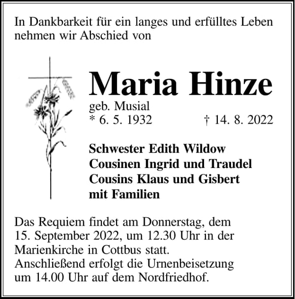 Traueranzeige Maria Hinze, geb. Musial