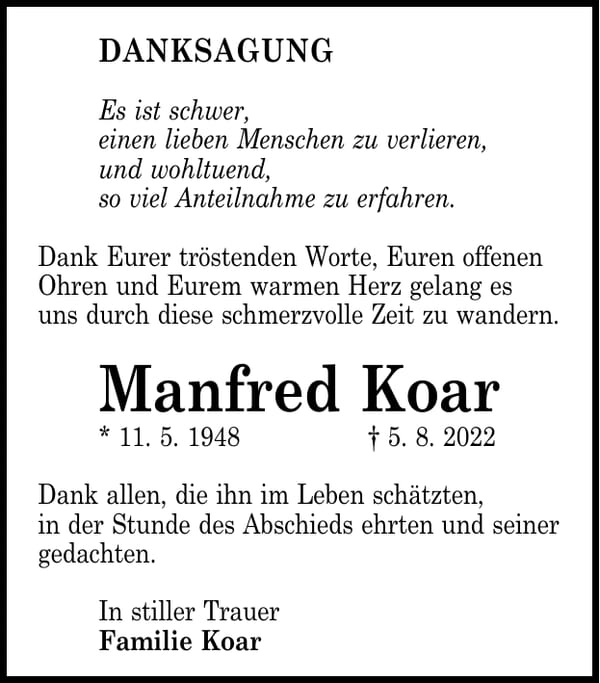 Danksagung Manfred Koar