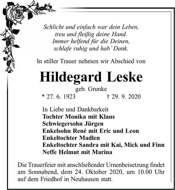 Traueranzeige Hildegard Leske, geb. Grunke