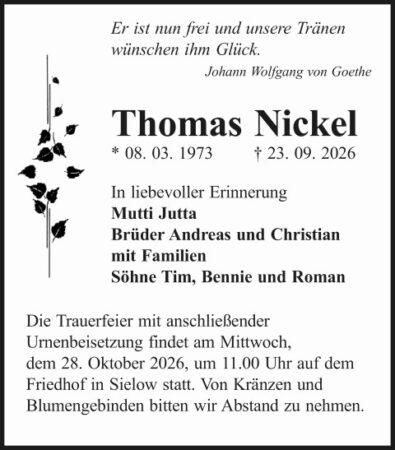 Traueranzeige Thomas Nickel