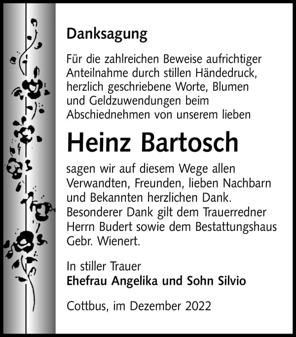 Danksagung Heinz Bartosch