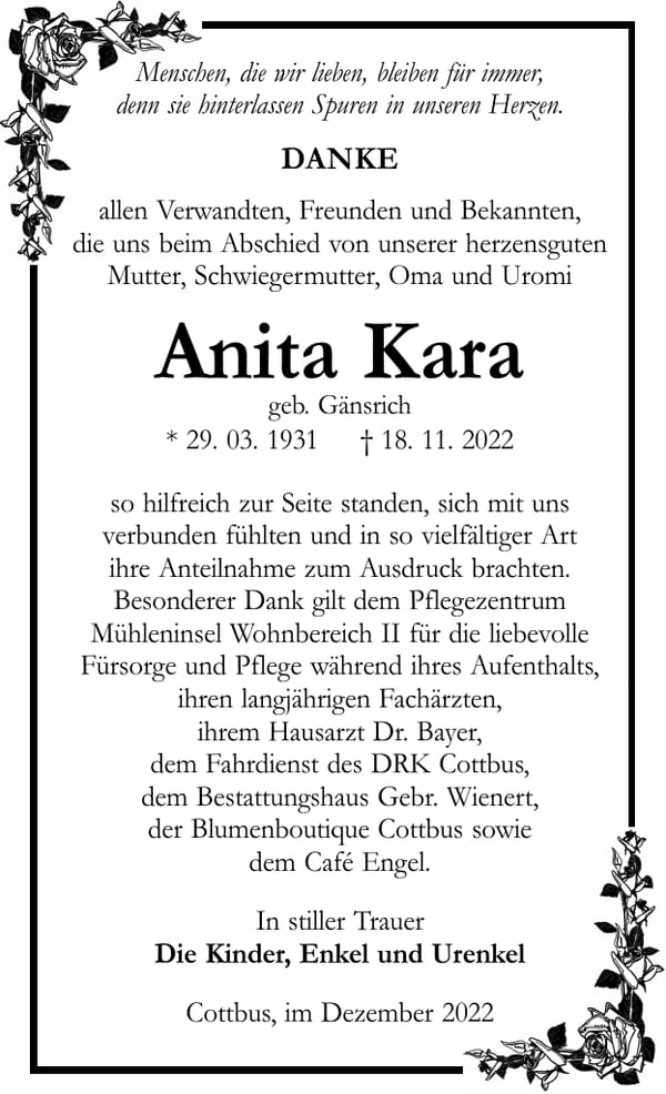 Danksagung Anita Kara, geb. Gänsrich