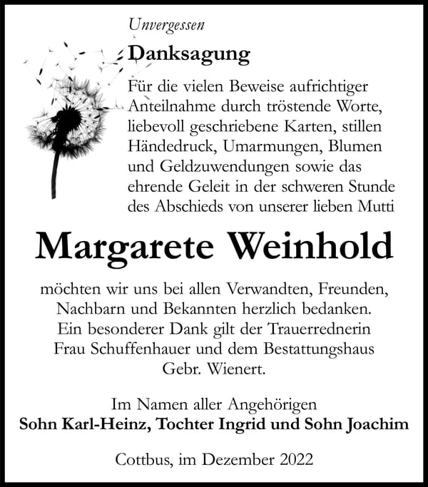 Danksagung Margarete Weinhold