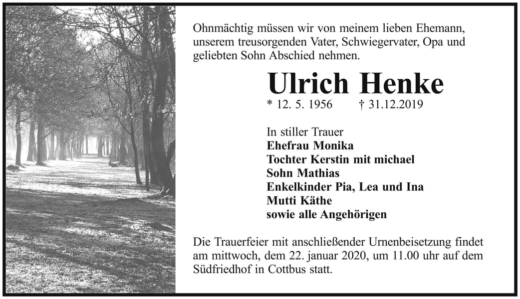 Traueranzeige Ulrich Henke