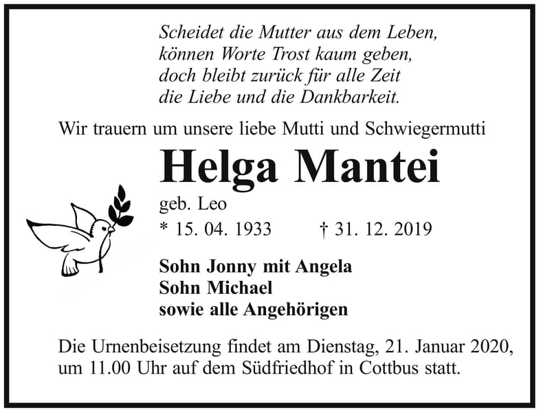 Traueranzeige Helga Mantei, geb. Leo