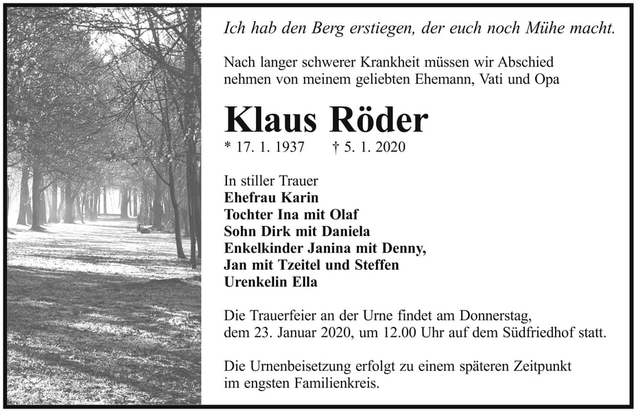Traueranzeige Klaus Röder