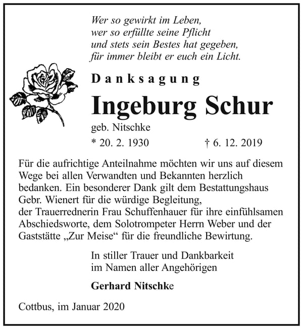 Danksagung Ingeburg Schur, geb. Nitschke