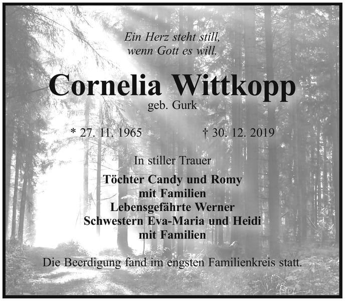 Traueranzeige Cornelia Wittkopp, geb. Gurk