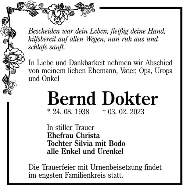 Traueranzeige Bernd Dokter