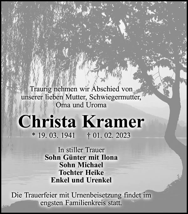 Traueranzeige Christa Kramer