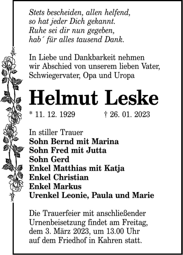 Traueranzeige Helmut Leske