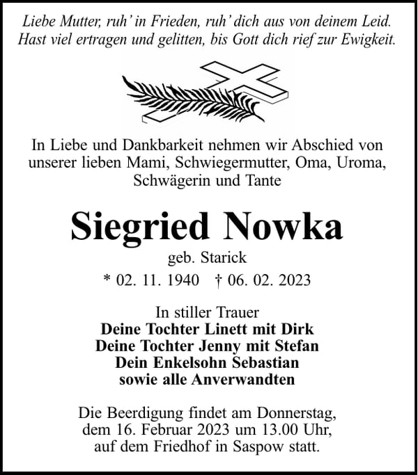 Traueranzeige Siegried Nowka, geb. Starick