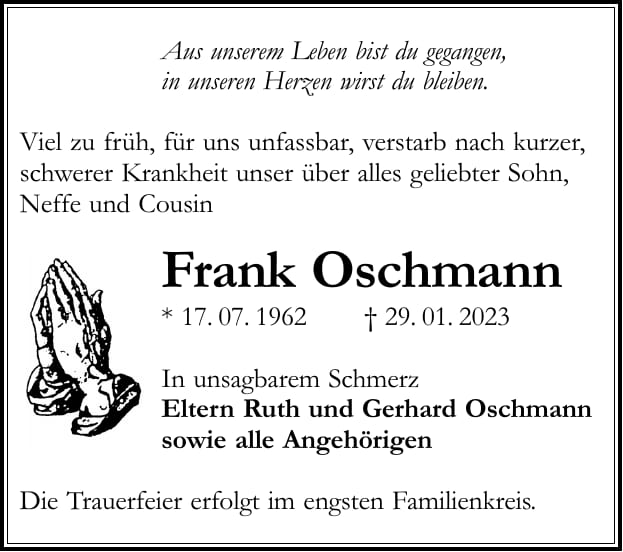 Traueranzeige Frank Oschmann