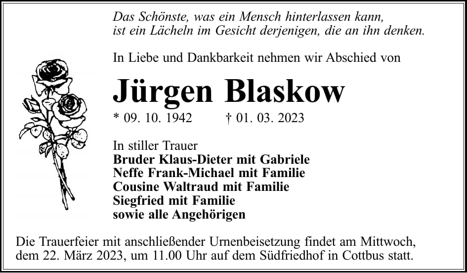 Traueranzeige Jürgen Blaskow
