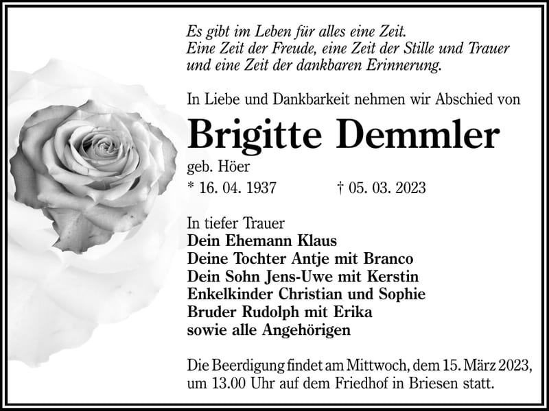Traueranzeige Brigitte Demmler, geb. Höer