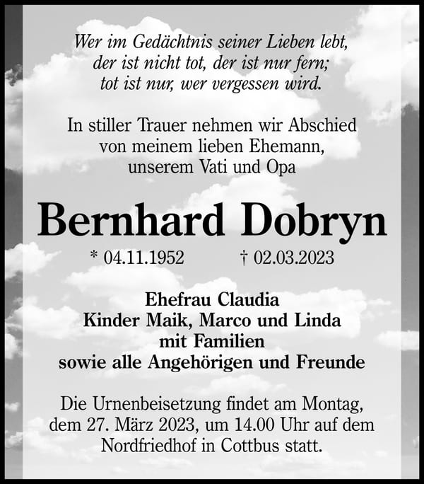 Traueranzeige Bernhard Dobryn