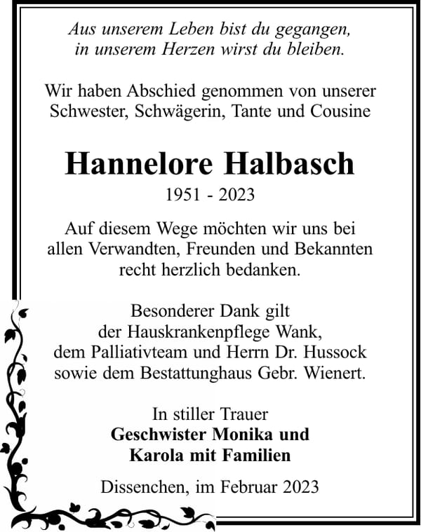 Traueranzeige Hannelore Halbasch