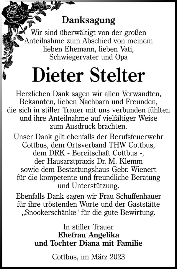 Danksagung Dieter Stelter