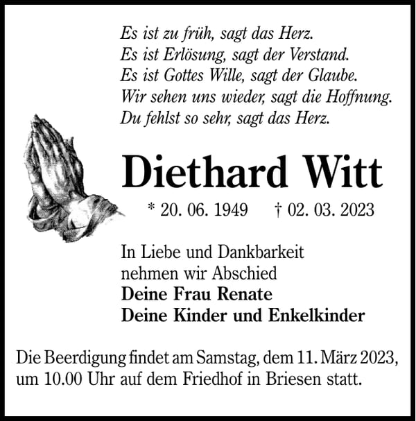 Traueranzeige Diethard Witt