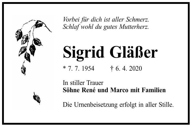 Traueranzeige Sigrid Gläßer