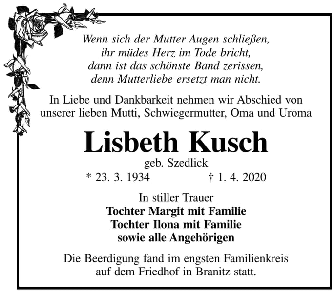 Traueranzeige Lisbeth Kusch, geb. Szedlick