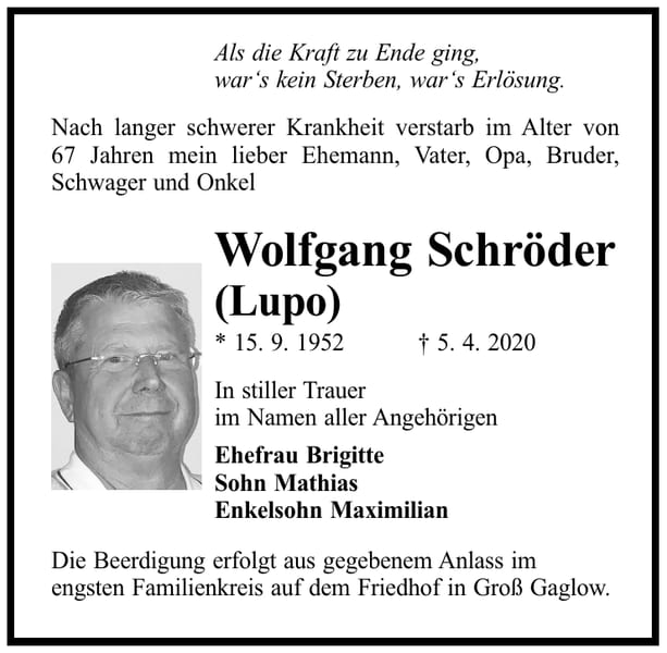 Traueranzeige Wolfgang Schröder