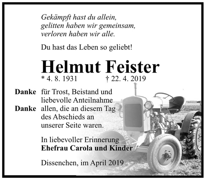 Traueranzeige Helmut Feister