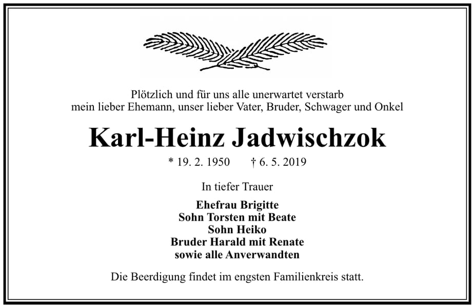 Traueranzeige Karl-Heinz Jadwischzok