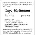 Traueranzeige Inge Hoffmann, geb. Domann