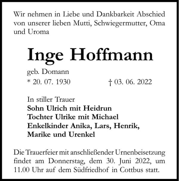 Traueranzeige Inge Hoffmann, geb. Domann
