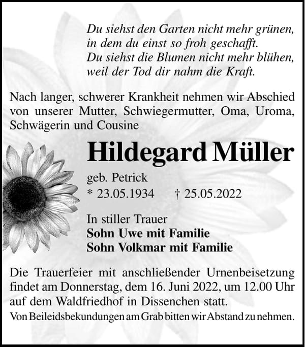 Traueranzeige Hildegard Müller, geb. Petrick