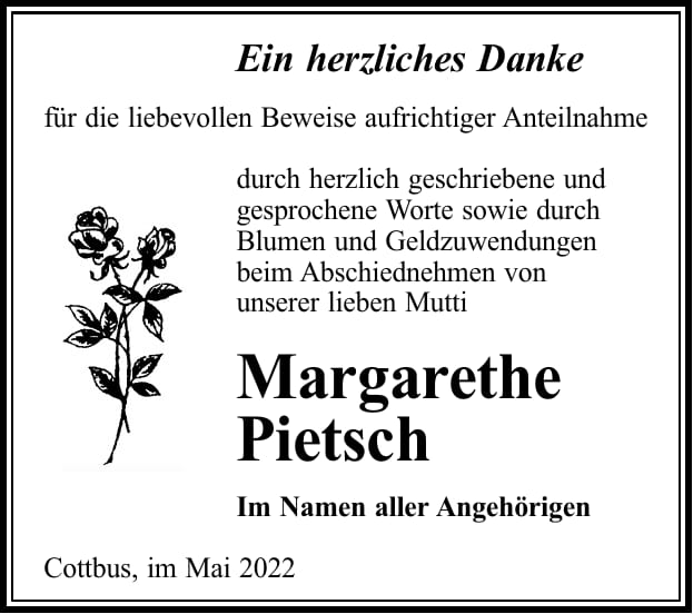 Danksagung Margarethe Pietsch