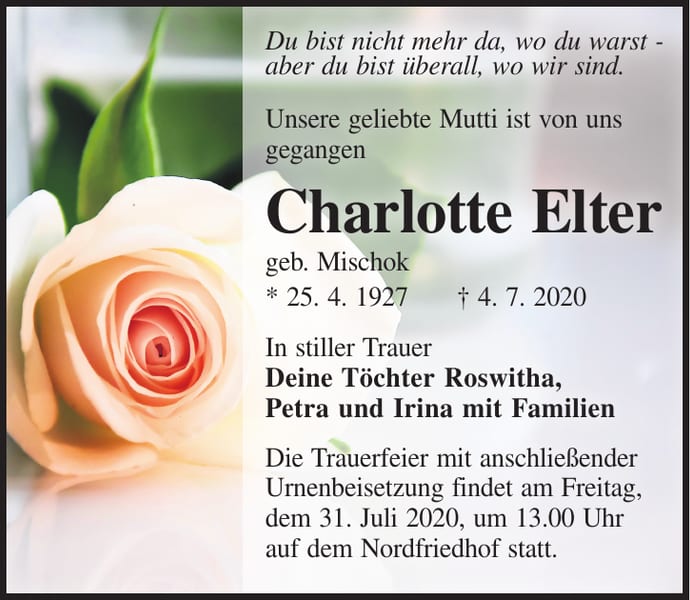 Traueranzeige Charlotte Elter, geb. Mischok