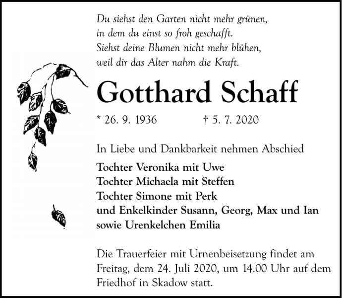 Traueranzeige Gotthard Schaff