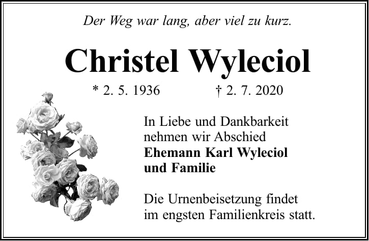 Traueranzeige Christel Wyleciol