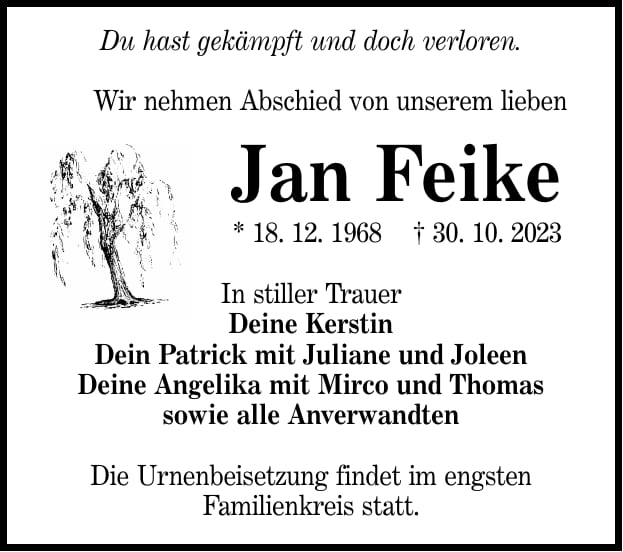 Traueranzeige Jan Feike