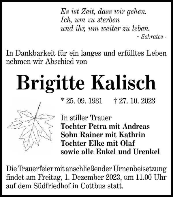 Traueranzeige Brigitte Kalisch