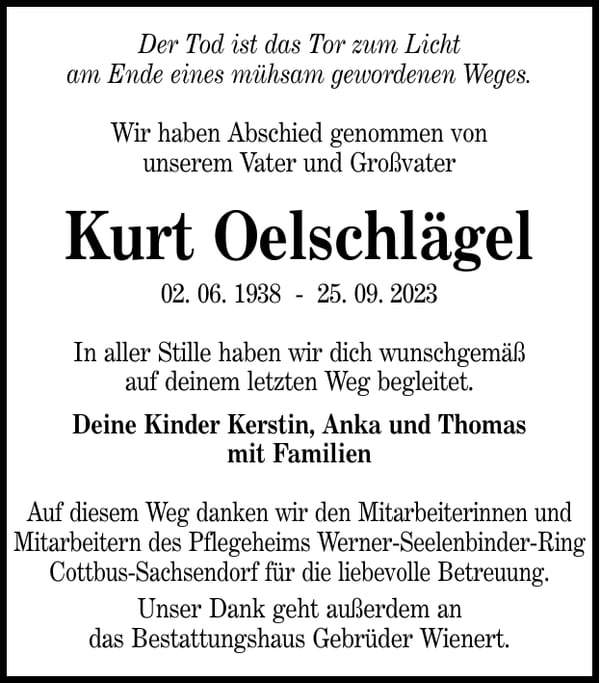 Danksagung Kurt Oelschlägel
