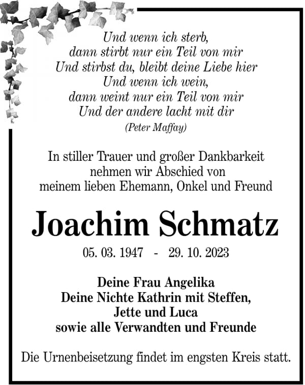 Traueranzeige Joachim Schmatz