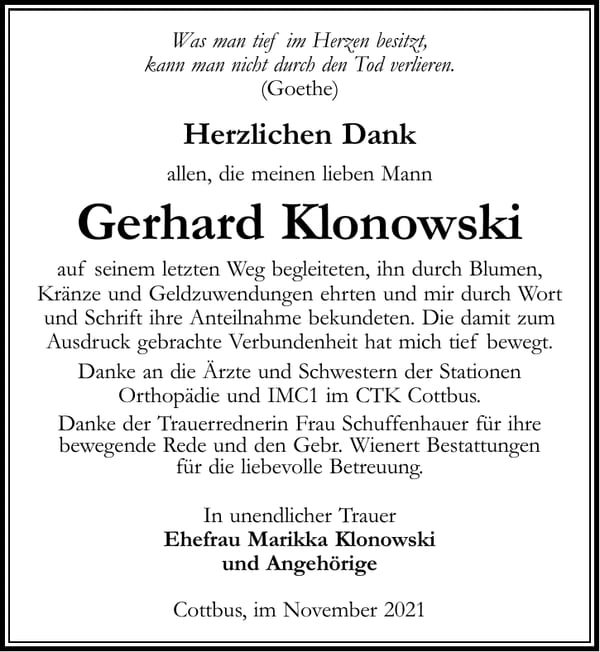 Danksagung Gerhard Klonowski