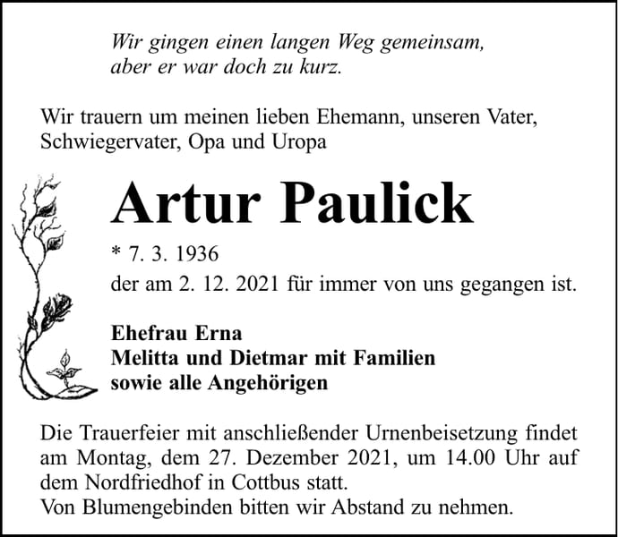 Traueranzeige Artur Paulick