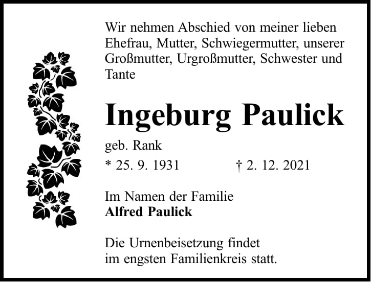 Traueranzeige Ingeburg Paulick, geb. Rank