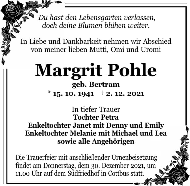 Traueranzeige Margrit Pohle, geb. Bertram