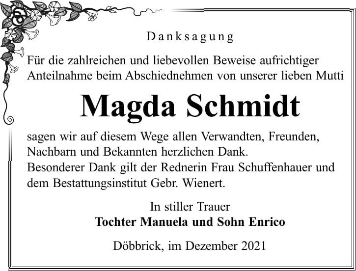 Traueranzeige Magda Schmidt