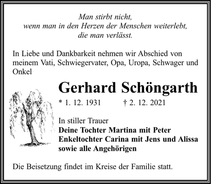 Traueranzeige Gerhard Schöngarth