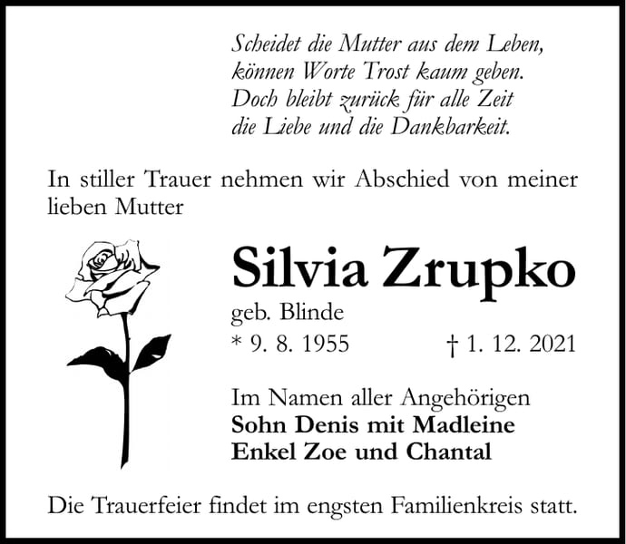 Traueranzeige Silvia Zrupko, geb. Blinde